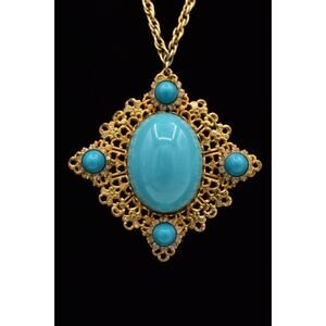 Vintage Cabochon Necklace Lucite Blue Turquoise Filigree Gold Tone Chunky BinBE
